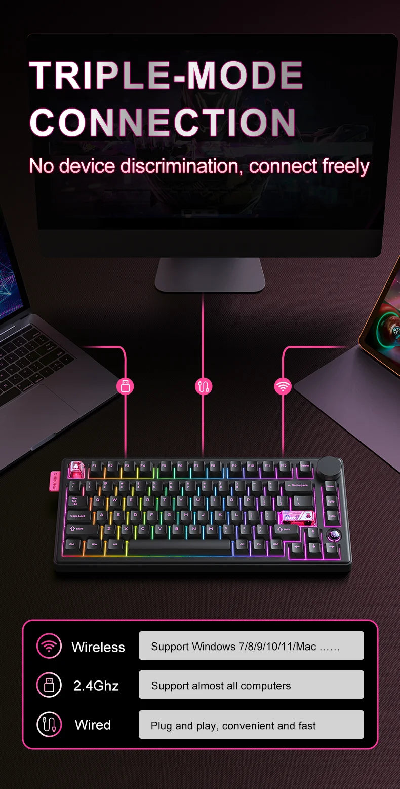Onikuma 2025 New Mt706 Rgb Gaming Mechanical Keyboard 2.4g/ Wired/Bt, 81-Key Pbt Rgb Gaming Keyboard