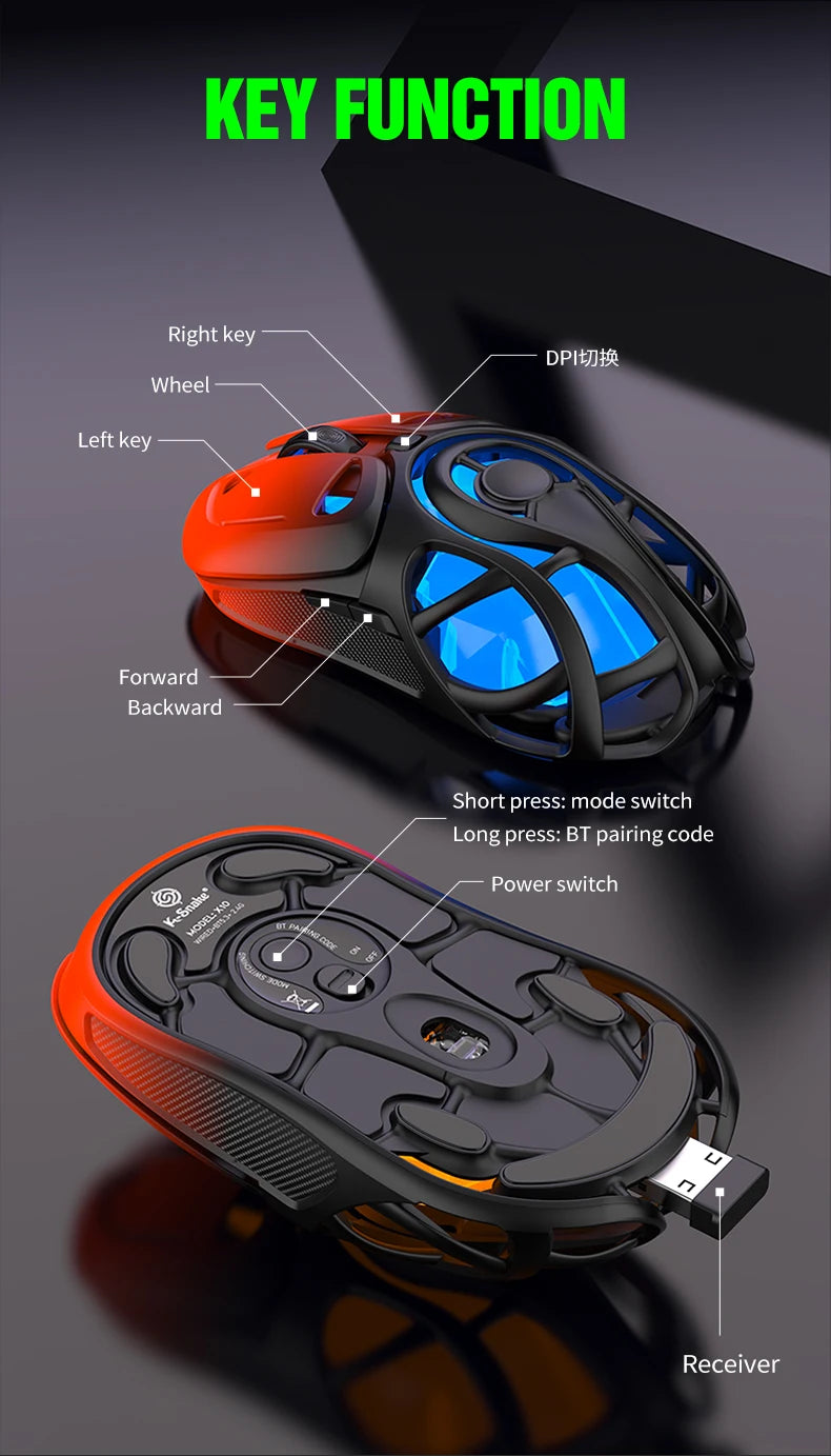 X10 Tri-Mode Gaming Mouse Wireless Mouse 10000 DPI 1000Hz Return Rate Bluetooth Mouse RGB Rechargeable Mouse BT/2.4G/Wired Mice