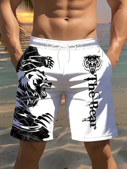 Men Beach Shorts Casual Animal 3D Print Tiger Graphics Drawstring Summer Running Shorts Loose Quick-Dry Sportswear Men Clothes