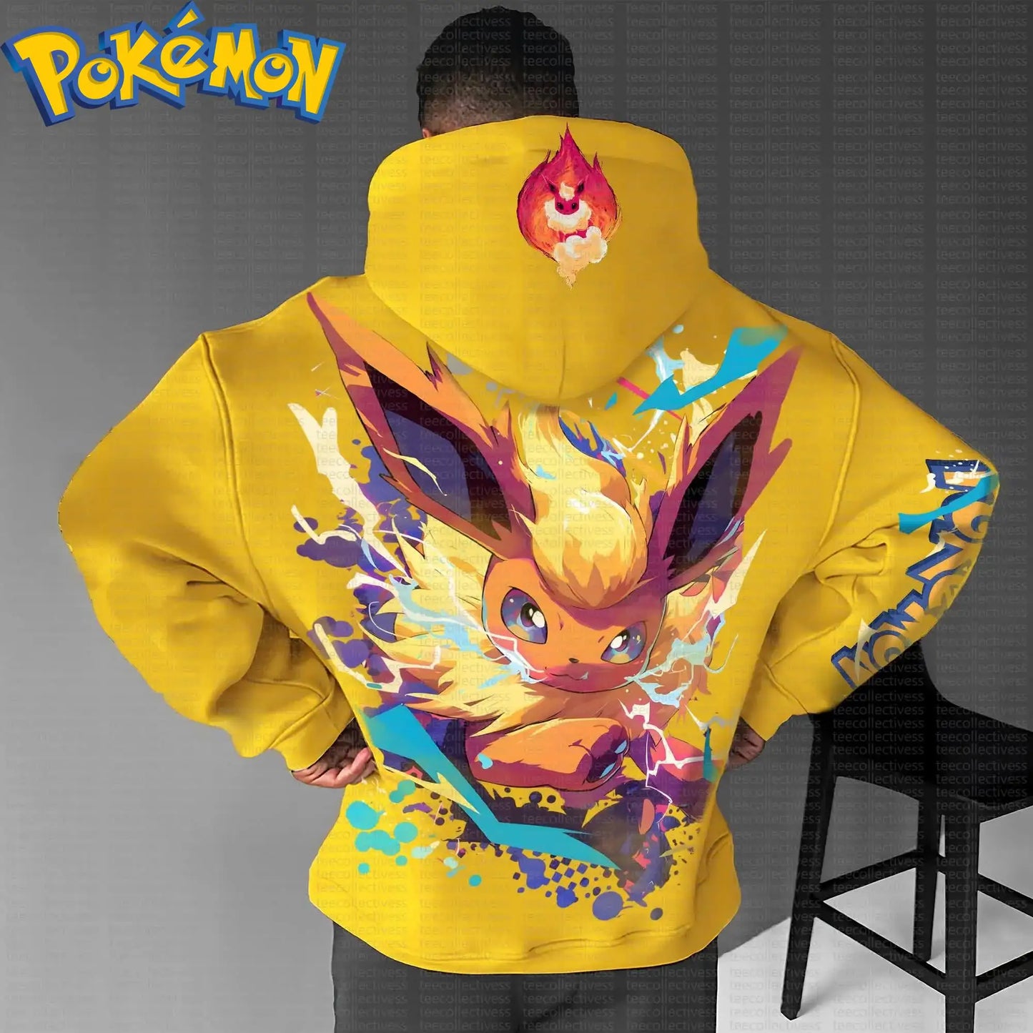 Pokemon Anime Flareon Cotton Hoodie Yellow Color Character Print with Fire Effect Pattern on Back and Hood Casual Streetwear