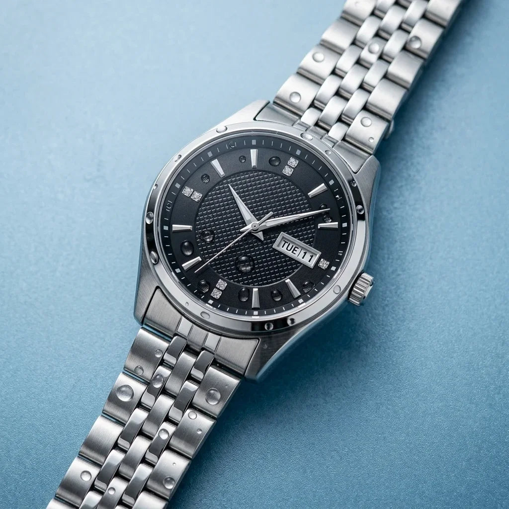Mekanisk automatisk herrklocka från Orient, med dubbel kalender (datum och veckodag), kristallindex och armband i rostfritt stål – Armbandsur i affärsstil