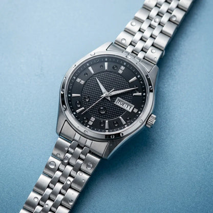 Mekanisk automatisk herrklocka från Orient, med dubbel kalender (datum och veckodag), kristallindex och armband i rostfritt stål – Armbandsur i affärsstil