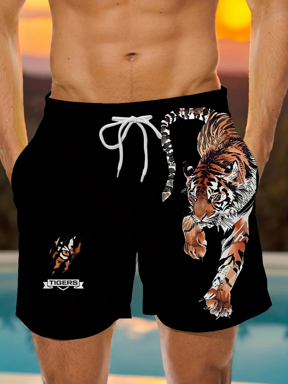Men Beach Shorts Casual Animal 3D Print Tiger Graphics Drawstring Summer Running Shorts Loose Quick-Dry Sportswear Men Clothes