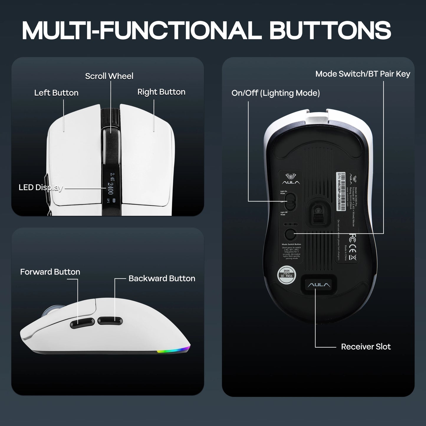 AULA SC590 PRO kablet/Bluetooth/2.4GHz trådløs gamingmus 20000 DPI og PAW3311-sensor med 1000 polling rate til Win/Mac/gaming