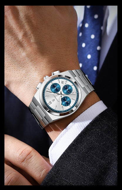 POEDAGAR herenhorloge – Luxe chronograaf van roestvrij staal, met datum, waterdicht en lichtgevend – Sportief quartz-polshorloge