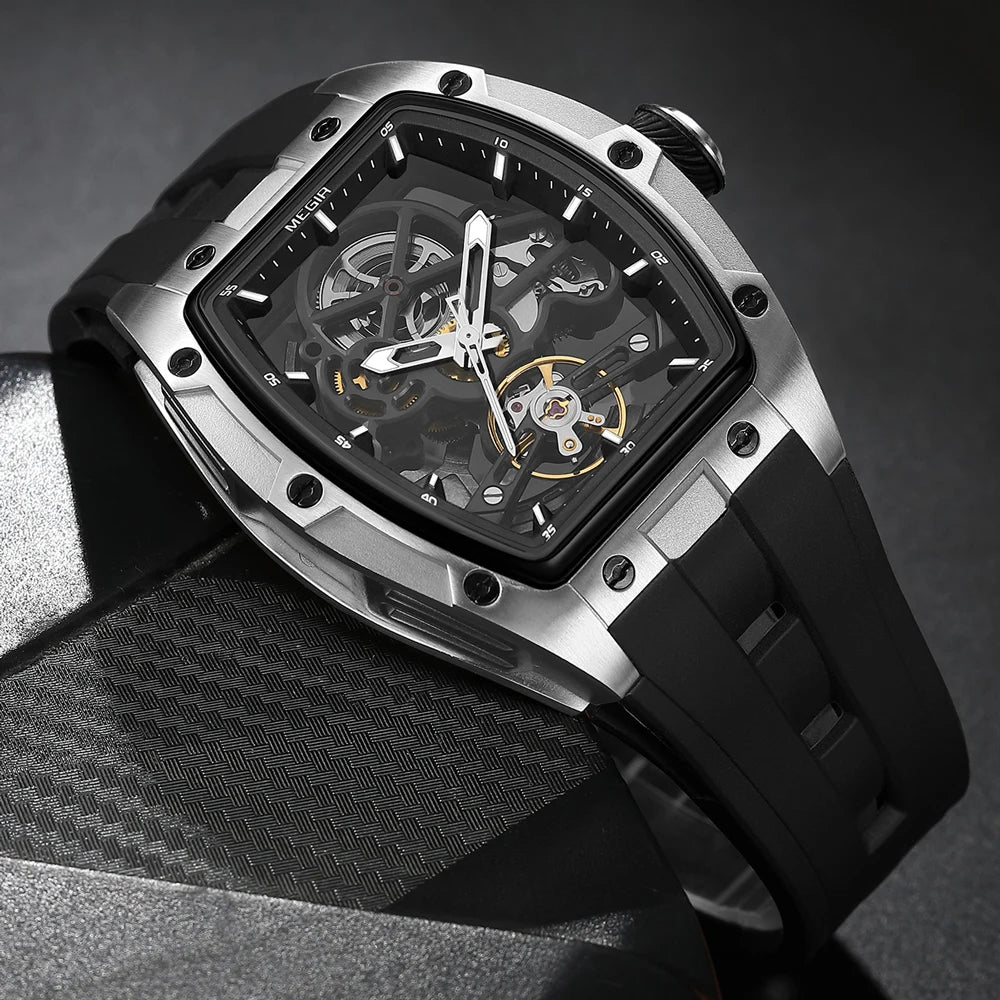 MEGIR MG-2242G Men’s Automatic Mechanical Watch  Skeleton Barrel Case, Luminous Hands & Silicone Strap