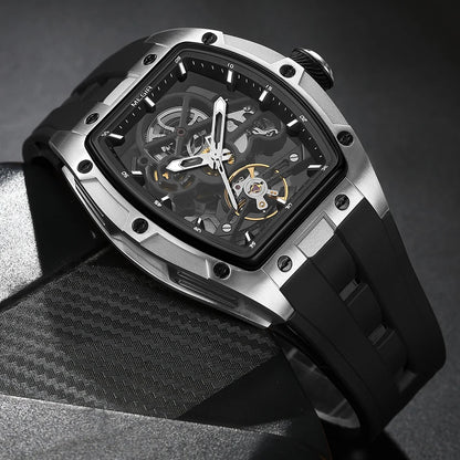 MEGIR MG-2242G Men’s Automatic Mechanical Watch  Skeleton Barrel Case, Luminous Hands & Silicone Strap