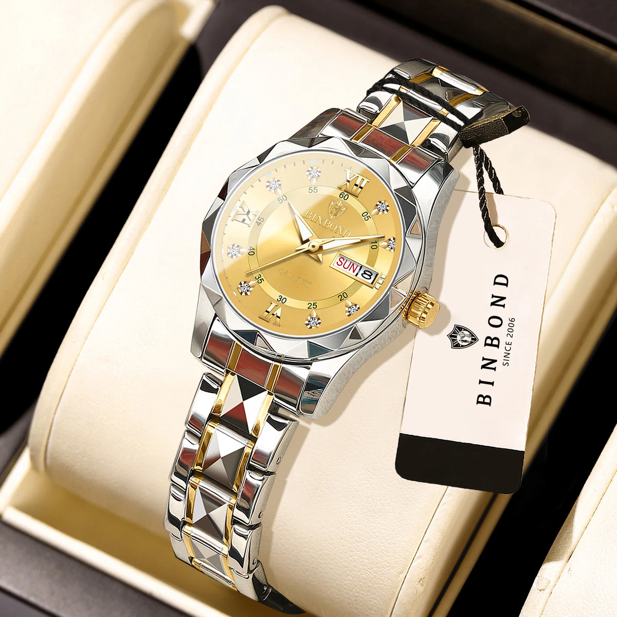 Montre pour femme BINBOND : montre à quartz robuste, luxueuse, luminescente et étanche, dotée d'un affichage précis de la date et du jour de la semaine.
