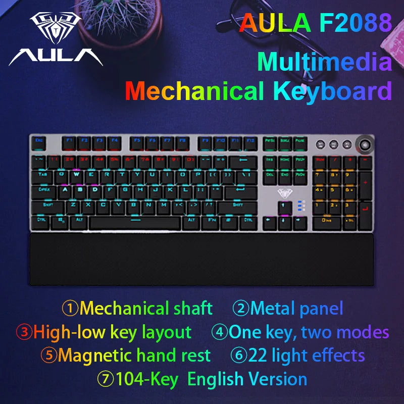 AULA F2088 mechanische kabelgebundene Gaming-Tastatur mit Multifunktions-Drehregler, 104 Tasten, magischer Hintergrundbeleuchtung und Makroprogrammierung für Computer