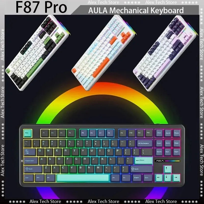 AULA F87 Pro mechanische Tastatur 2.4g/Usb/Bluetooth Tri-Mode Wireless, 87 Tasten, RGB, PBT, Gasket, 5-lagige Schalldämpfung, Full-Key, No Impact