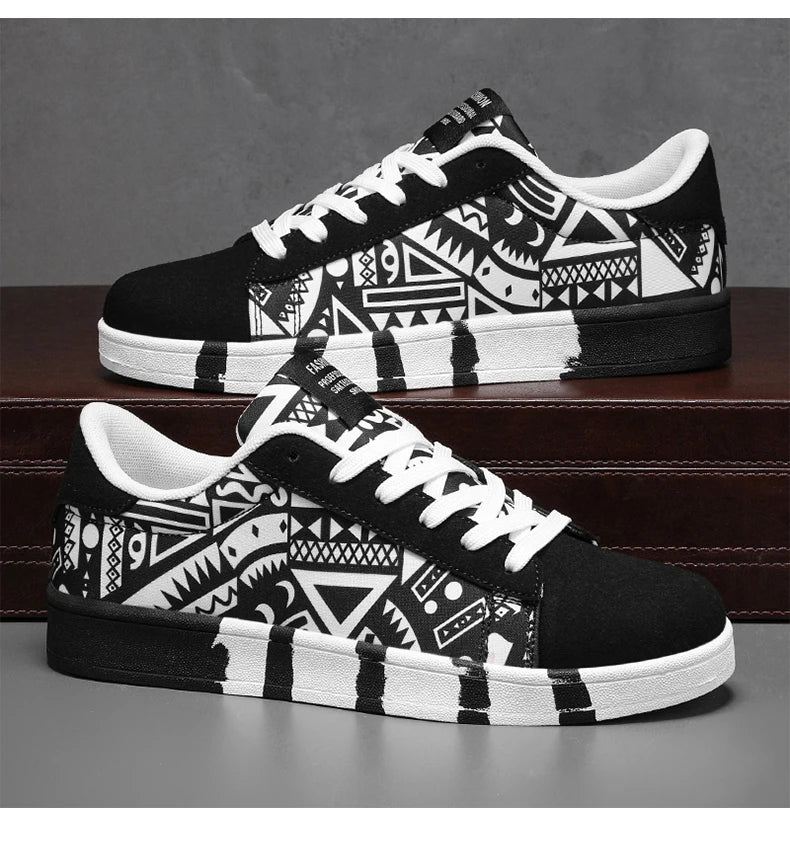 YRZL Men's Sports Running Shoes Canvas Geometric Style Lace-Up Sneakers Couples' Fashionable Graffiti Print Skate Shoes