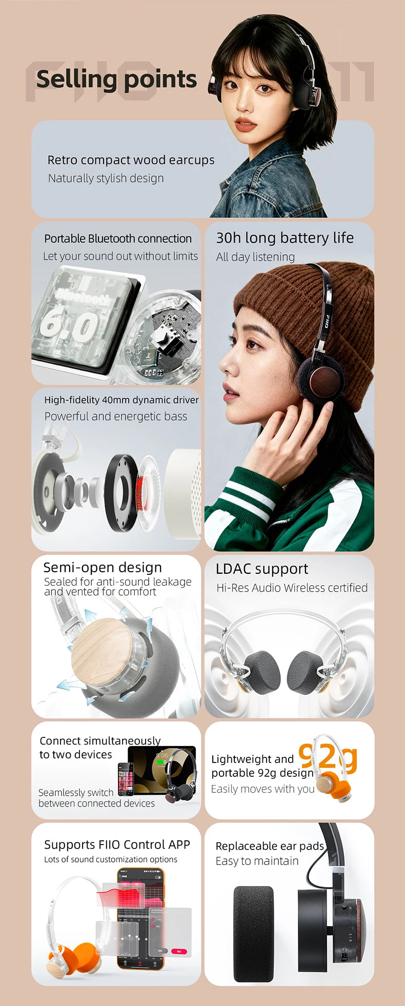 Cuffie Bluetooth on-ear FIIO EH11 – Headset wireless Hi-Res LDAC con bassi potenti, batteria 30H, connessione a doppio dispositivo e design rétro leggero