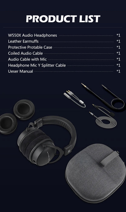 TALOMEN W550x Studio-Kopfhörer – Professionelle kabelgebundene Over-Ear-DJ-Monitor-Kopfhörer mit 50mm Treibern und abnehmbarem Kabel