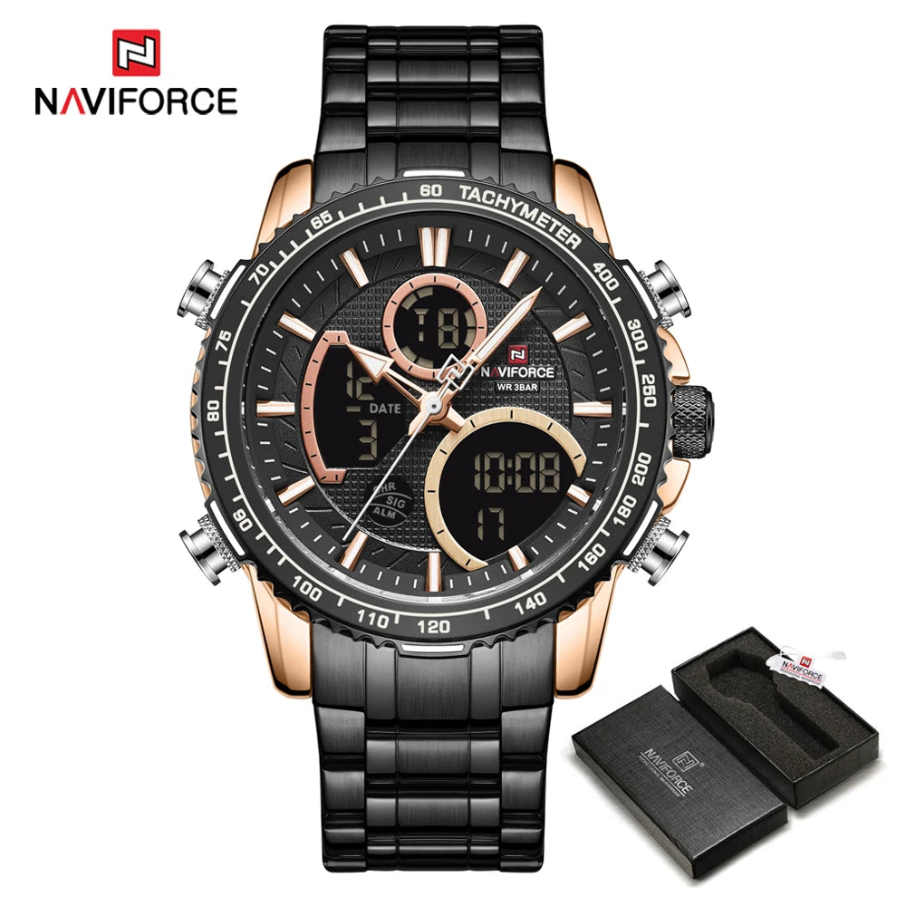 NAVIFORCE sporthorloge voor heren – Origineel luxe polshorloge van roestvrij staal, waterdicht militair model met dubbele weergave