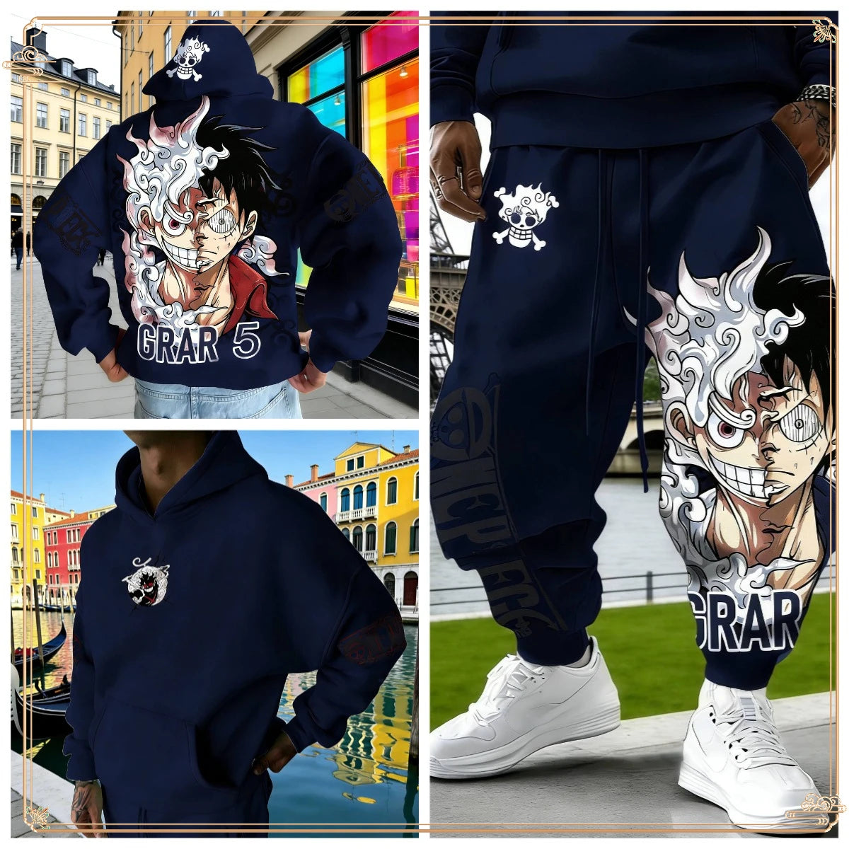 One Piece Luffy Gear 5 Hoodie Pants Set Red Cotton Tracksuit with Character Print on Hoodie Front Pant Side Loose Fit Two Piece