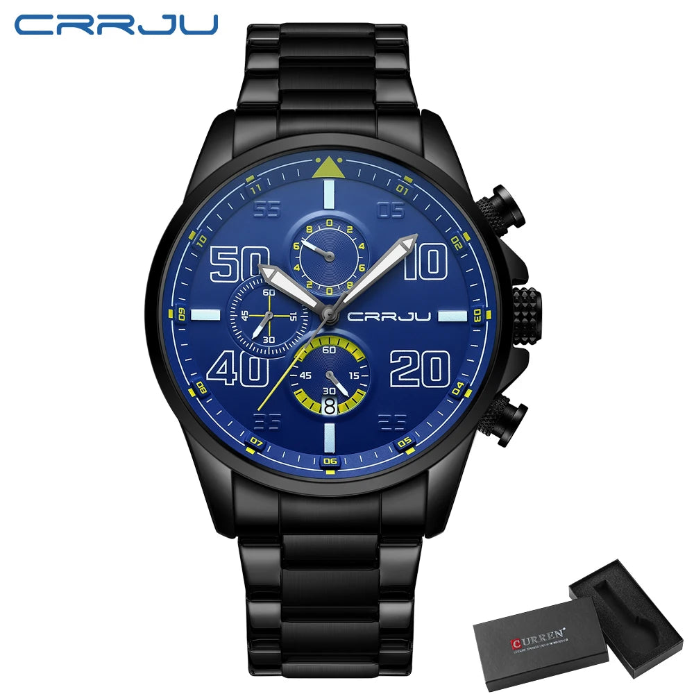 Montre pour homme CRRJU – Chronographe de luxe, grand cadran, acier inoxydable, étanche, avec affichage de la date