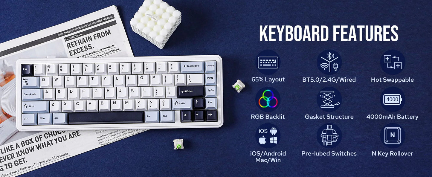 EPOMAKER x AULA F65 65% Layout Wired/Bluetooth 5.0/2.4G Wireless Hot-Swap Gasket-mounted Mechanical Gaming Keyboard for Mac/Win