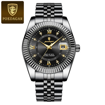 Orologio da uomo POEDAGAR – Modello di lusso, impermeabile, in acciaio inossidabile, con quadrante luminescente, stile militare, datario, movimento al quarzo, ideale per il lavoro o le occasioni professionali.
