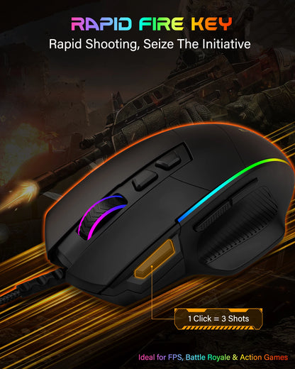 Mouse da gaming cablato E-YOOSO X49, 12400 DPI regolabili, retroilluminazione RGB, 8 pulsanti programmabili, mouse ergonomico per gamer per PC e laptop