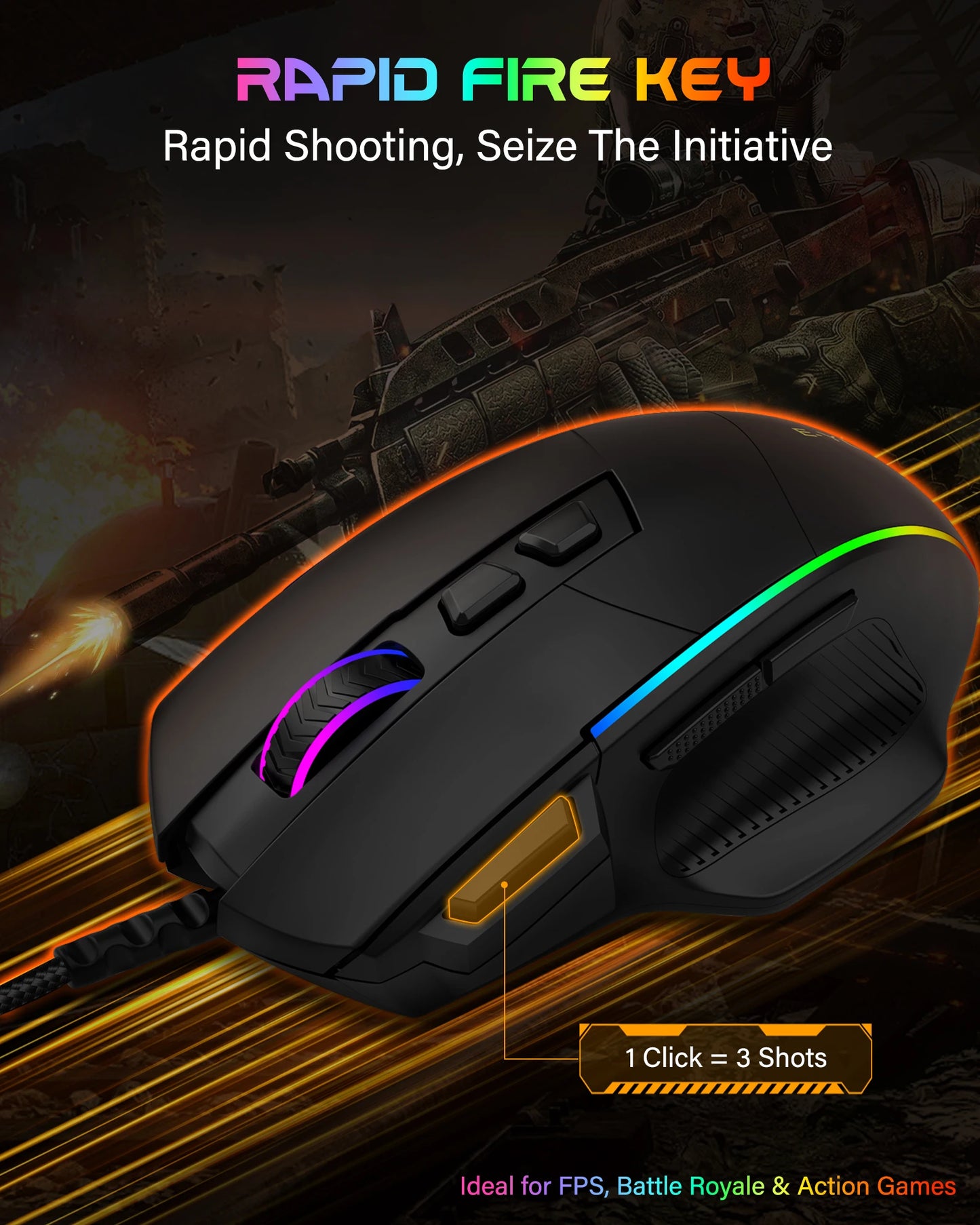 Mouse da gaming cablato E-YOOSO X49, 12400 DPI regolabili, retroilluminazione RGB, 8 pulsanti programmabili, mouse ergonomico per gamer per PC e laptop
