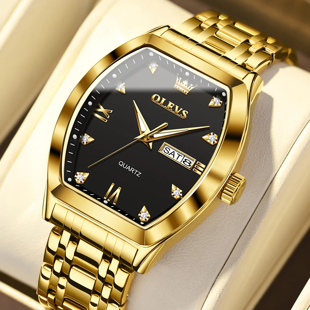 Reloj para hombre OLEVS, modelo de lujo con forma de barril, reloj de cuarzo de una marca de prestigio, resistente al agua, con indicador de día y fecha, y agujas luminiscentes.