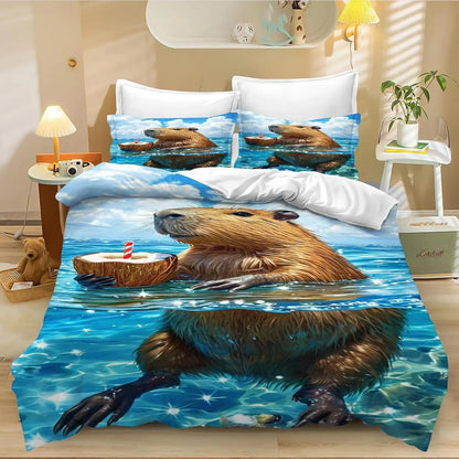Juego de cama de carpincho de dibujos animados de 4 piezas, funda nórdica y funda de almohada, para adultos, niños y niñas, decoración de dormitorio infantil, tamaño individual y doble