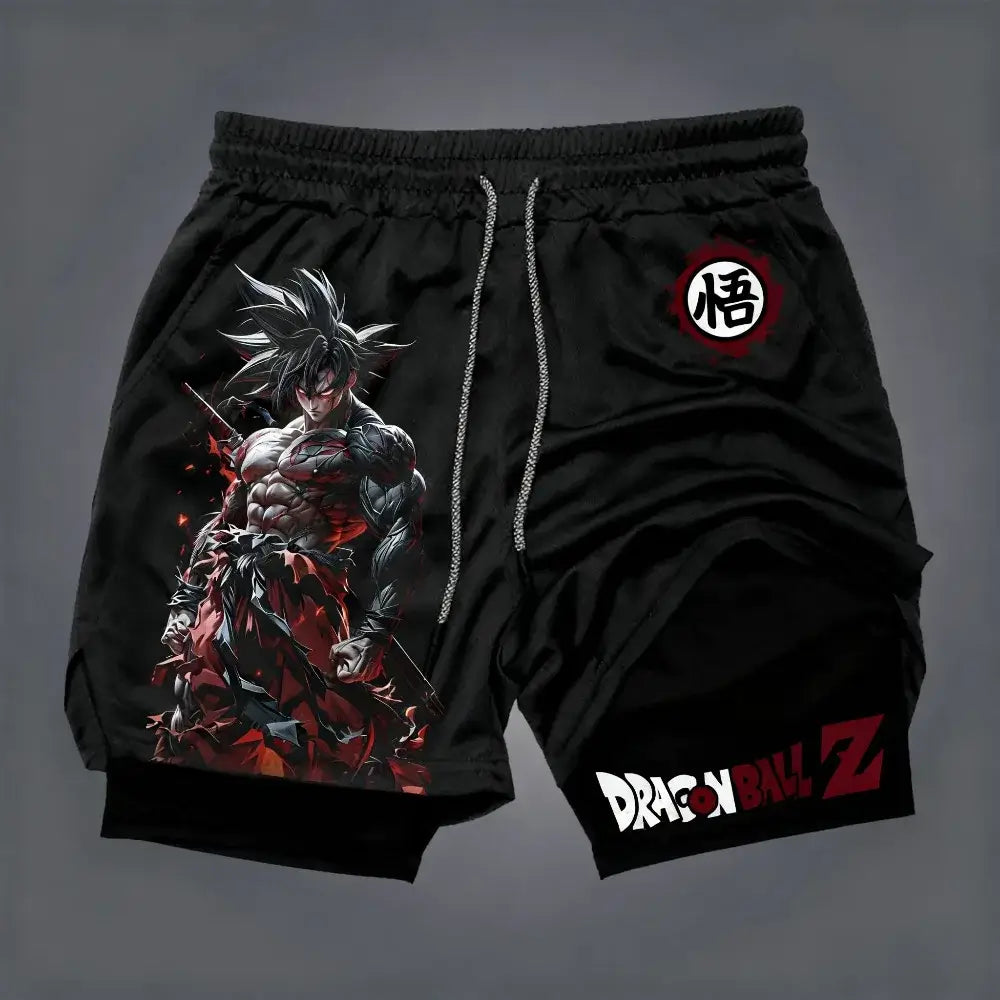 Dragon Ball Men's Double-layer Shorts Son Goku Summer Japanese Anime Fake Two-piece Sports Fitness Quick-drying Shorts, Produit gaming premium Fraquane