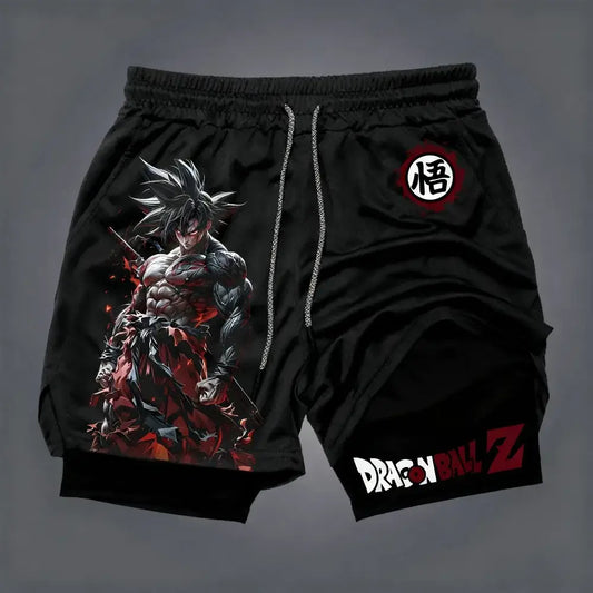 Dragon Ball Men's Double-layer Shorts Son Goku Summer Japanese Anime Fake Two-piece Sports Fitness Quick-drying Shorts, Produit gaming premium Fraquane