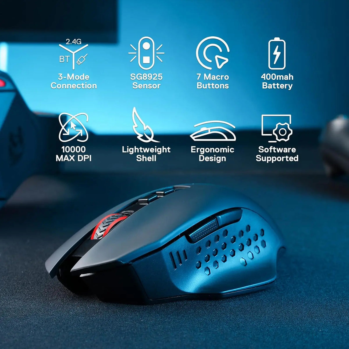 Redragon M656 MAX 3-Mode Wireless Gaming Mouse, 10000 DPI Rechargeable RGB Gaming Mouse with 7 Programmable Buttons, Bluetooth, 2.4GHz & Wired Connectivity