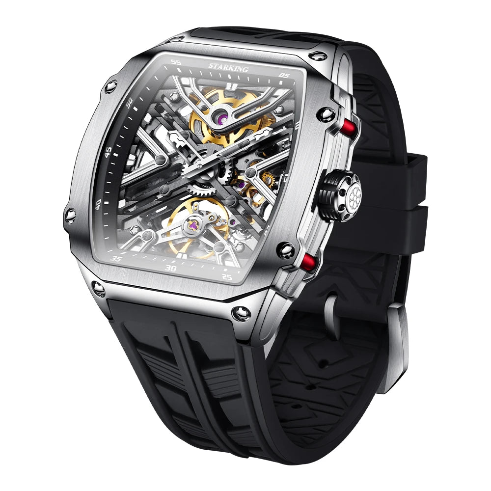 STARKING Men's Waterproof Sports Mechanical Watch, Wear-resistant Silicone Strap, Automatic, Luminous Tonneau Luxury Design
