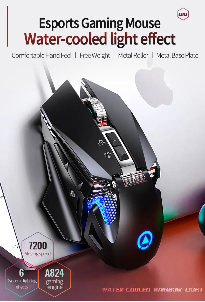Žična e-športna gaming miška z RGB-osvetlitvijo, nastavljiva 200-7200 DPI, USB-žična za PC, prenosnik in FPS-igre