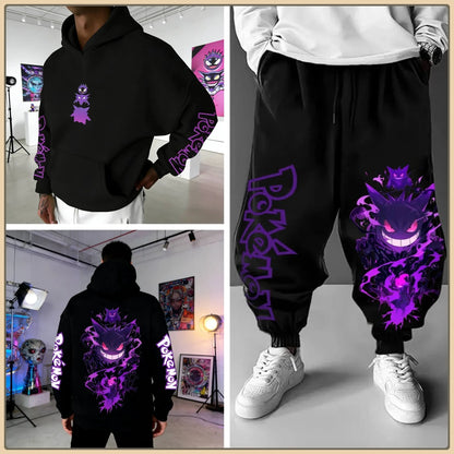 Black Hoodie and Pants Set with Pokemon Character Print Sleeve and Side Text Streetwear Anime Tracksuit for Men Unisex Casual