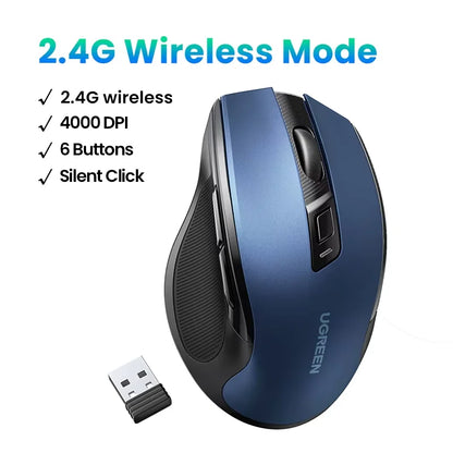UGREEN kabellose Maus Bluetooth 5.0, ergonomische Maus 4000DPI mit 6 leisen Tasten, für MacBook, Tablet, Laptops, Computer, PC, 2.4G-Maus