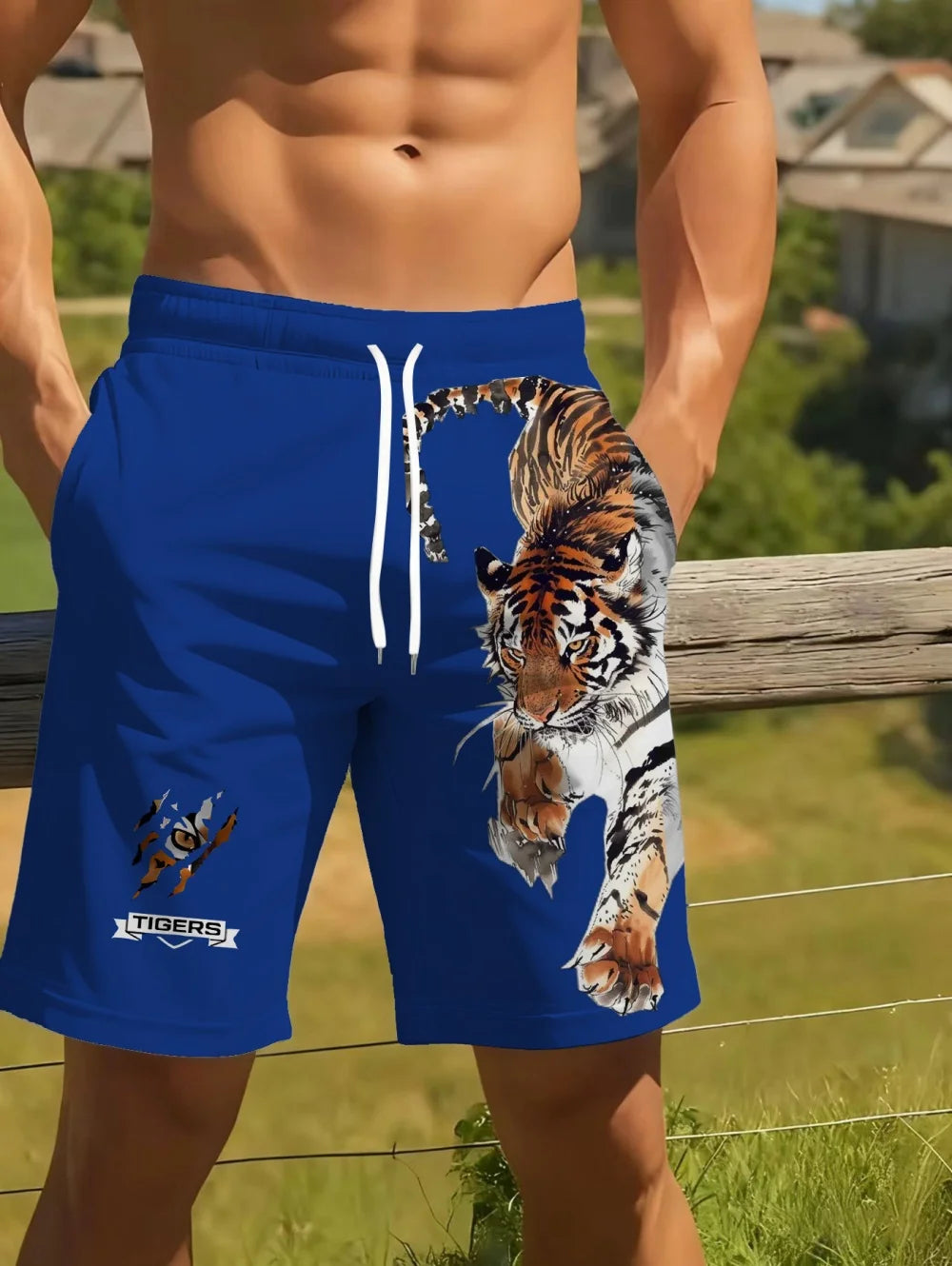 Men Beach Shorts Casual Animal 3D Print Tiger Graphics Drawstring Summer Running Shorts Loose Quick-Dry Sportswear Men Clothes