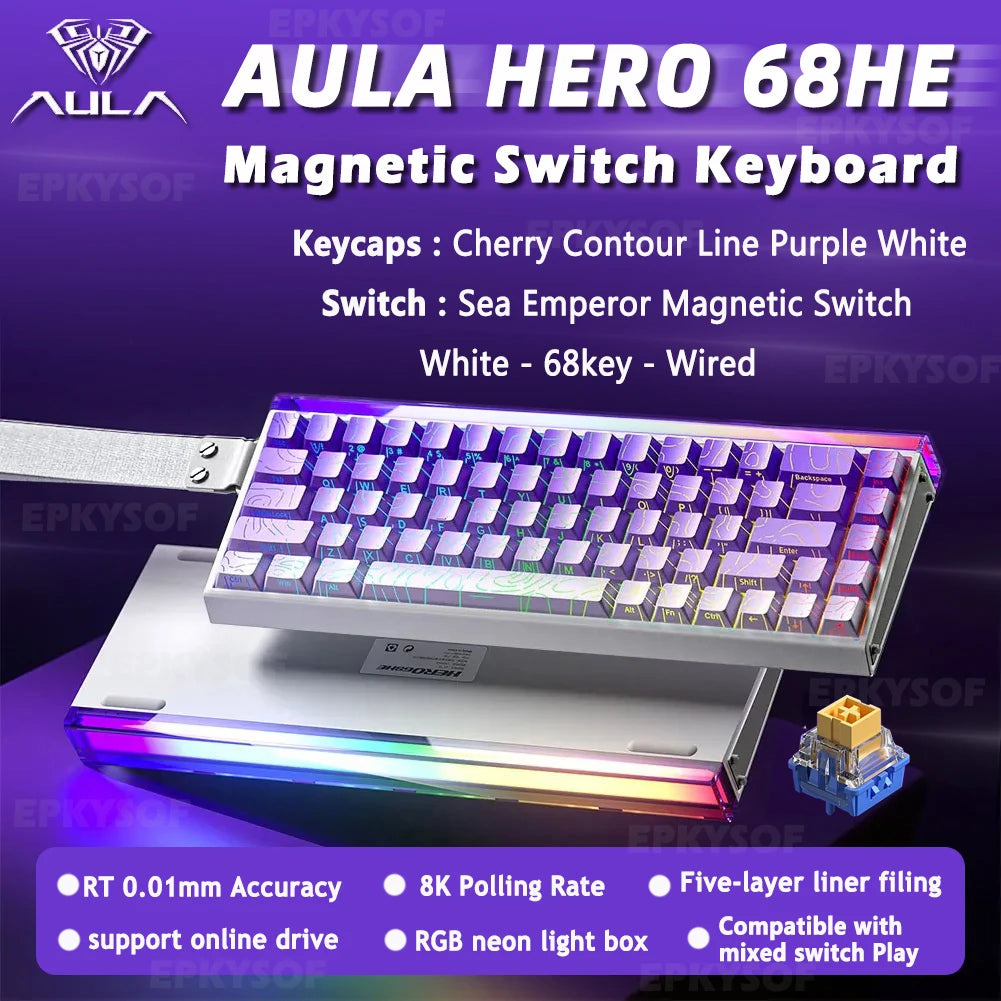 AULA HERO 68HE Teclado Mecânico Gaming RGB com Switch Magnético Rapid Trigger Retorno 8K com Fio Teclado Personalizado para Esports