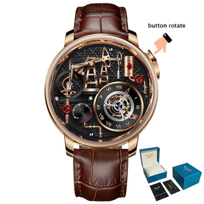 Reloj de cuarzo PINDU NEW TOP con bomba de aceite de botón para hombre de negocios, 45.5MM, cristal de zafiro, resistente al agua, correa de cuero para hombre