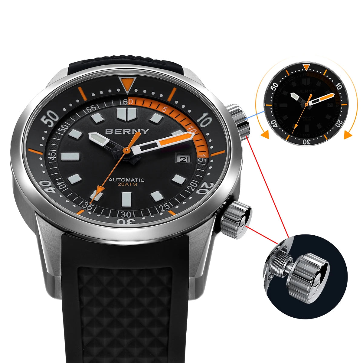 Relógio de mergulho BERNY para homem, automático mecânico, 200M impermeável, superluminoso, 42mm, safira, para natação e mergulho