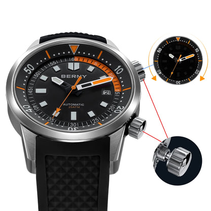 Relógio de mergulho BERNY para homem, automático mecânico, 200M impermeável, superluminoso, 42mm, safira, para natação e mergulho