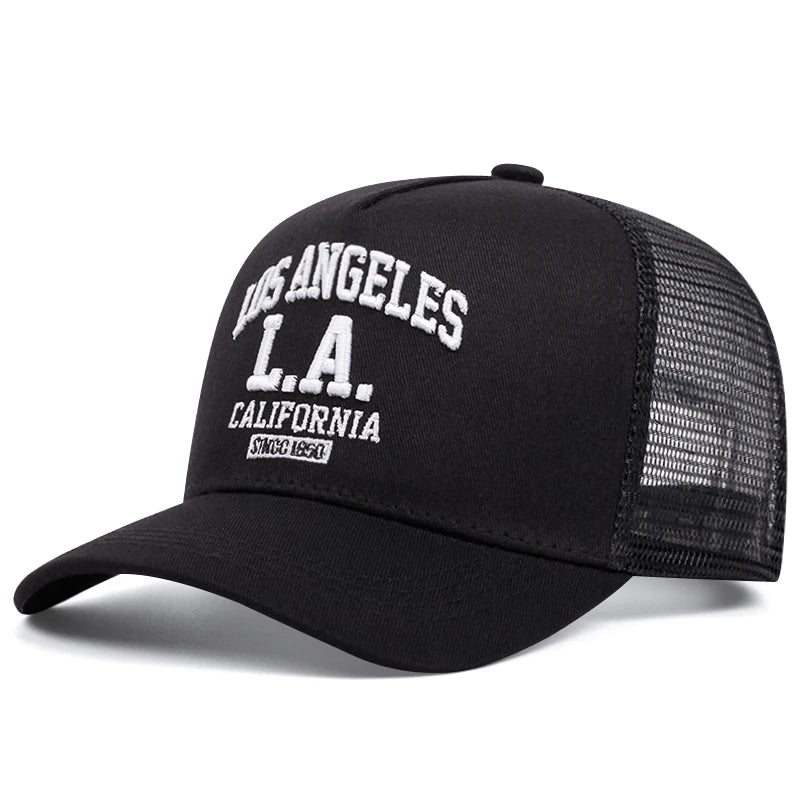 „LOS ANGELES“ išsiuvinėta vyriška ir moteriška lauko sporto renginių kepurė, amerikietiško stiliaus „trucker“ tinklinė kepurė, madinga