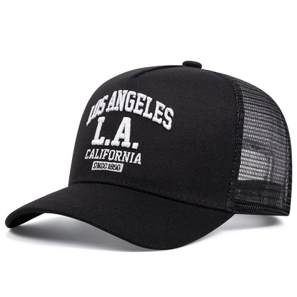 „LOS ANGELES“ išsiuvinėta vyriška ir moteriška lauko sporto renginių kepurė, amerikietiško stiliaus „trucker“ tinklinė kepurė, madinga