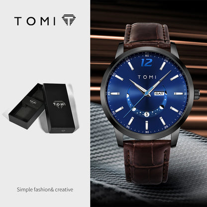 Montre à quartz TOMI, style business et élégant, avec bracelet en cuir, boîtier en alliage et cadran à aiguilles – Design haut de gamme, idée cadeau pour homme