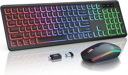 Kabellose Tastatur-Maus-Kombination mit RGB-Hintergrundbeleuchtung, wiederaufladbaren beleuchteten Tasten, Full-Size-Format, ergonomischem Design, Schlafmodus, 2.4GHz