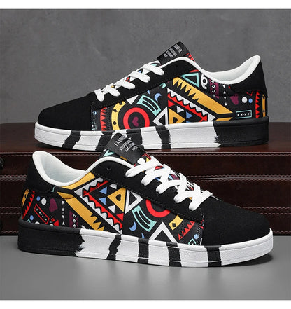 YRZL Men's Sports Running Shoes Canvas Geometric Style Lace-Up Sneakers Couples' Fashionable Graffiti Print Skate Shoes