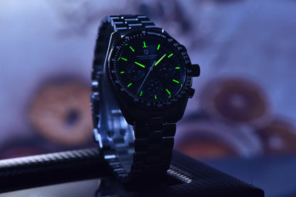 „PAGANI DESIGN Moon“ laikrodis – prabangus vyriškas kvarcinis chronografas, sportinio stiliaus, safyro stiklas su antirefleksine danga, švytintis ekranas
