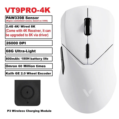 Rapoo VT9PRO PAW3398 безжична геймърска мишка 68g, кабелна, програмируема, ергономична, 26000DPI, презареждаема чрез Type C, аксесоар за PC геймъри