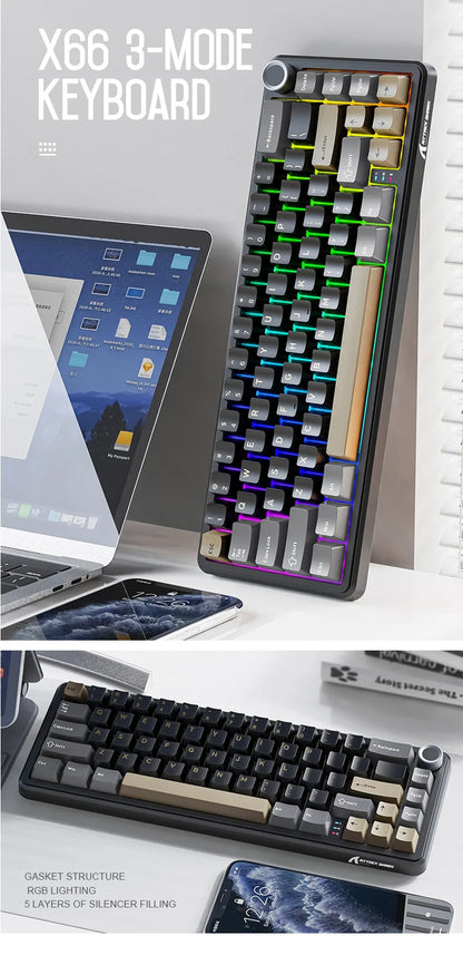 Attack Shark X66 Kabellose mechanische Tastatur 65% Kompaktlayout RGB-Hintergrundbeleuchtung Gasket Hot Swap Bluetooth USB-C PBT großer Akku