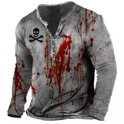 Autumn Skull Henley Shirt 3D Print Streetwear Men's Fashion Vintage Long Sleeve Button T Shirt Men's T Shirt Tops Clothing