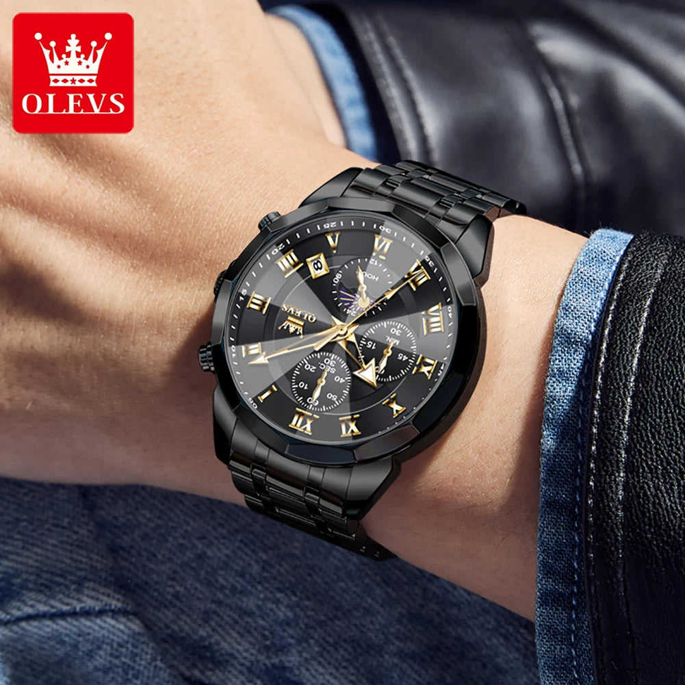 OLEVS 3675 Mens Watch Original Multifunctional Chronograph Quartz Watch Moon Phase Watches For Men Waterproof Mens Gifts Reloj