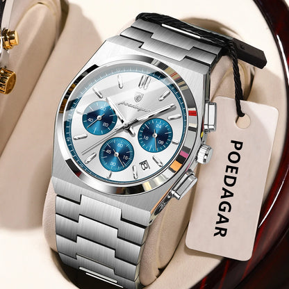 POEDAGAR herenhorloge – Luxe chronograaf van roestvrij staal, met datum, waterdicht en lichtgevend – Sportief quartz-polshorloge