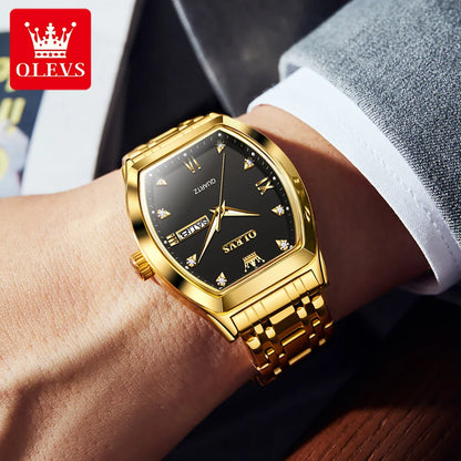 Reloj para hombre OLEVS, modelo de lujo con forma de barril, reloj de cuarzo de una marca de prestigio, resistente al agua, con indicador de día y fecha, y agujas luminiscentes.
